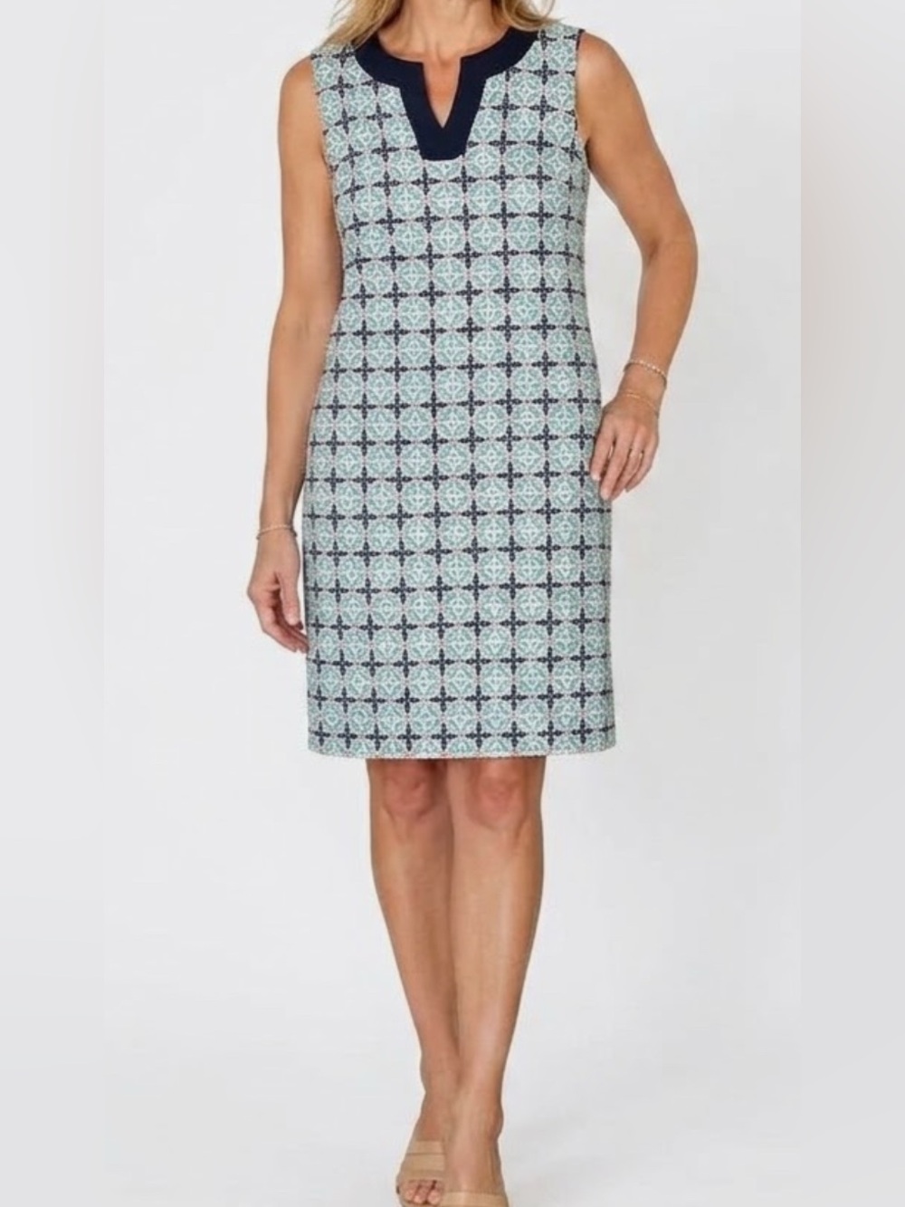 Talbots • Linen/Cotton • Geometric Shift Dress • Size 12 • Teal/ Navy • Pockets